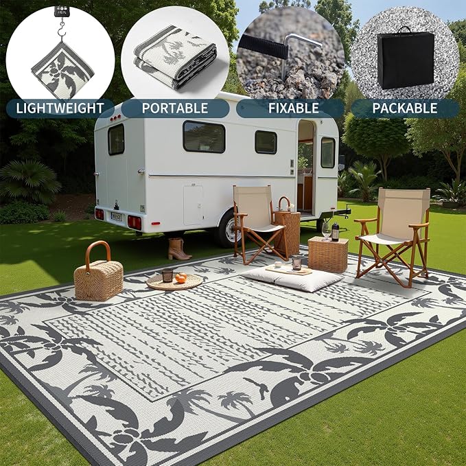 COCOER Outdoor-Rug 6x9 ft Waterproof Reversible Outdoor Plastic Straw Rug RV Indoor Outdoor Carpet Quick Dry Patio Rug Camping Mat for Balcony Backyard Picnic Beach-Grey&Beige