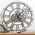 The B-Style Large Wall Clock 24 inch Moving Gear Wall Clock Oversized Vintage Farmhouse Wall Clocks for Living Room Decor Rustic Industrial Wood Clock (Gray and White)