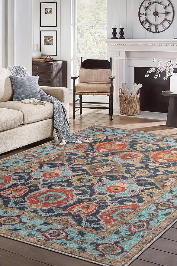 Keen Home Design 6x9 Rug - Machine Washable Area Rug with Non-Slip Backing, Ideal for Living Room, Dining Room, Bedroom - Vintage, Easy Clean, Durable, Low Pile Rug - (6' x 9')