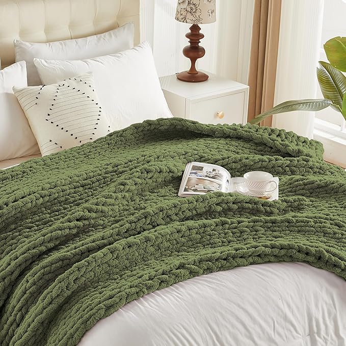 Carriediosa Chunky Knit Throw Blanket 50" X 60", 100% Hand Made Large Chenille Loop Yarn Soft Fluffy Throws for Couch Sofa Bed, Big Crochet Cozy Heavy Thick Cable Woven Blankets, Olive Green