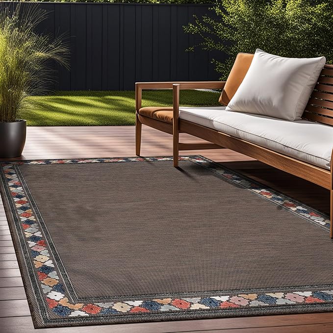 Beverly Rug Outdoor Rug 9x12 Modern Bordered Large Area Rugs for Indoor and Outdoor Patio Easy to Clean Non Shedding Living Room Porch Garden Washable Outside Carpet (9 x 12 Brown)