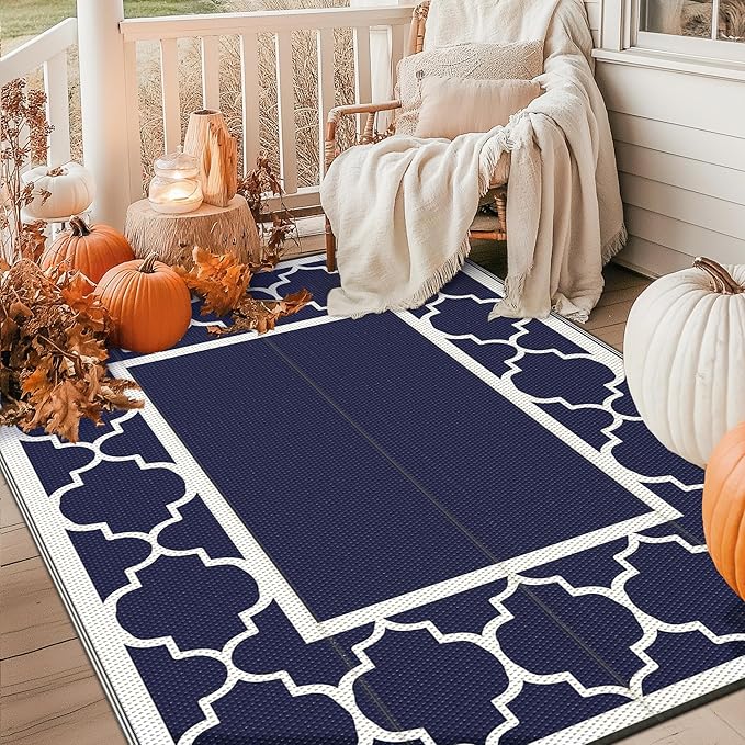GENIMO 6' x 9' Outdoor Rug Waterproof for Patio Fall Decor, Foldable Reversible Plastic Straw Area Rugs Mat for Camper, Outside Carpet for Rv, Deck, Porch, Picnic, Beach, Balcony, Blue & Grey