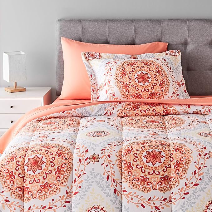 Amazon Basics Twin/Twin XL Comforter Set with Printed Sheets, 5-Piece Coral Medallion Bedding, Lightweight Microfiber Bed-in-a-Bag