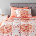Amazon Basics Twin/Twin XL Comforter Set with Printed Sheets, 5-Piece Coral Medallion Bedding, Lightweight Microfiber Bed-in-a-Bag