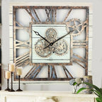 The Gears Clock 24'' Inch Square Real Moving Gear Wall Clock Vintage Industrial Oversized Rustic Farmhouse (White Farmhouse)