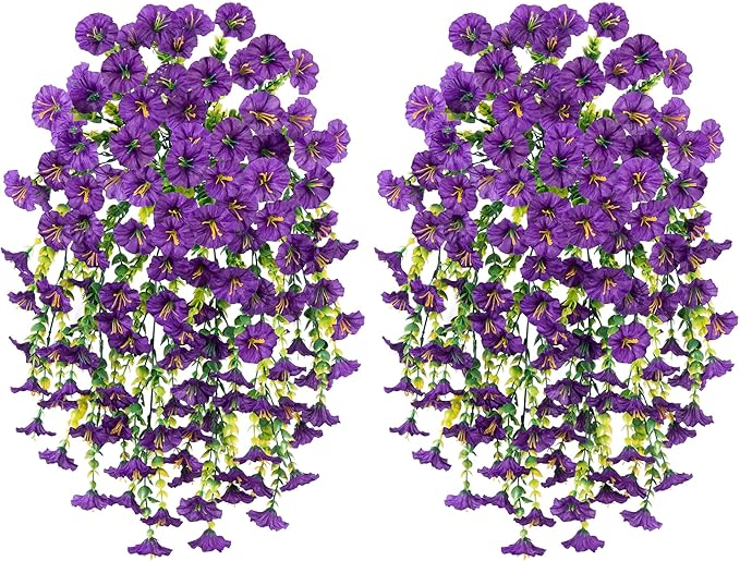 Ivydale 2 PCS Artificial Hanging Flowers Fake Plants Outdoor,Silk Morning Glory Faux Flowers with Eucalyptus Leaves,UV Resistant Realistic Hanging Petunias Plants for Home Garden Decor (Purple)