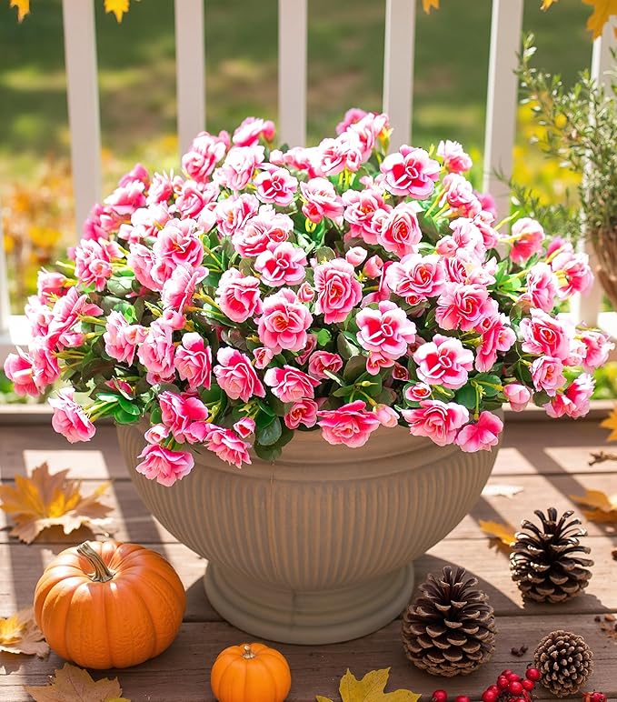 Artificial Fake Outdoor Outside Flowers Plants For Fall Decor, Faux Silk Pink Camellia UV Resistant Realistic for Front Door Porch Patio Planter Balcony Garden Yard Home Decor, 3 Large Bundles