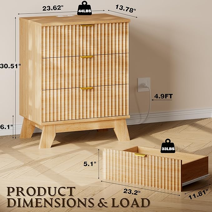 30.5" Nightstand with Charging Station, 3-Drawer Fluted Bedroom Chest, Wood Bedside Dresser with Power Outlets and USB Ports, Metal Slides, Stable Base, Modern Storage Cabinet for Small Spaces