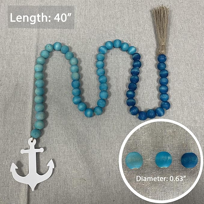 40" Handmade Farmhouse Bead Garland Wood with Tassel, Boho Chic Decorative String Beads Home Decor, Table Tiered Tray Country Wooden Accents