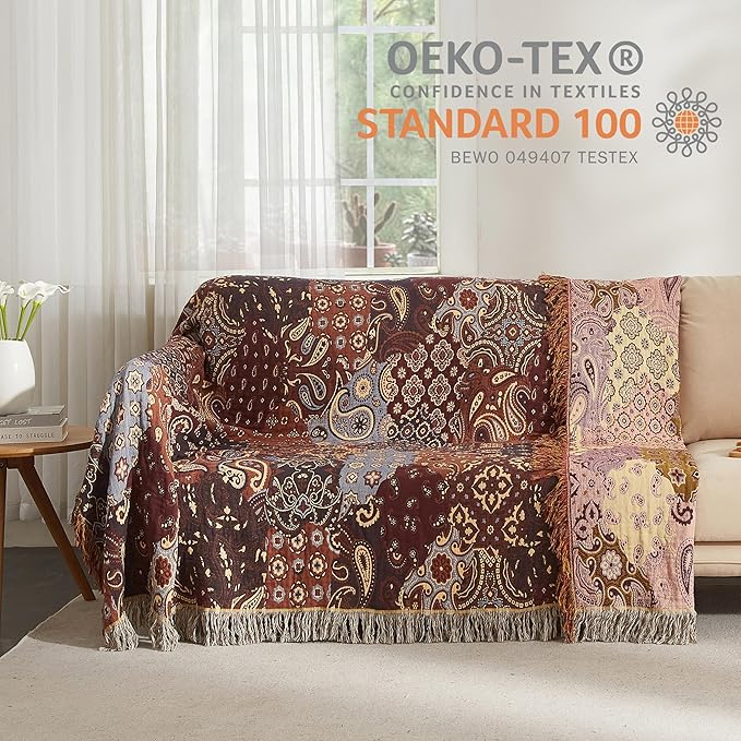 Boho Throw Blanket for Bed 80”x90”, 100% Cotton Woven Blanket for Couch Sofa, Ultra Soft 4-Layer Muslin Quilt with Patchwork Floral Printed, Farmhouse Bed Blanket/Cover for Living Room Decor