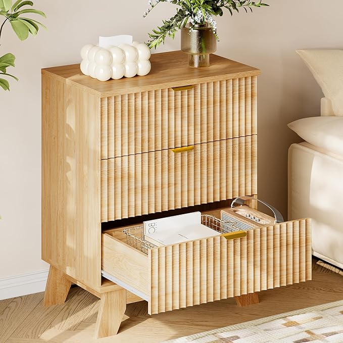 30.5" Nightstand with Charging Station, 3-Drawer Fluted Bedroom Chest, Wood Bedside Dresser with Power Outlets and USB Ports, Metal Slides, Stable Base, Modern Storage Cabinet for Small Spaces