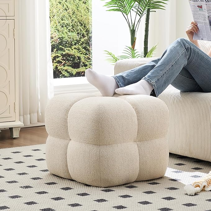 Zesthouse Square Pouf Ottoman Footstool, Modern Ottoman Coffee Table for Living Room, Beige Linen Stool Foot Rest, Upholstered Poofy Stool for Couch, Cute Vanity Chair Backless for Makeup Room Bedroom