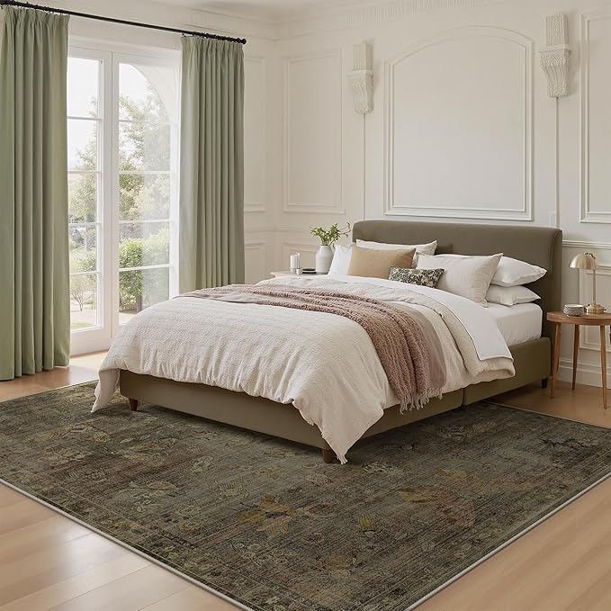 GENIMO 8x10 Area Rugs for Living Room, Machine Washable Non Slip Vintage Rugs, Low Pile Lightweight Chenille Print Rug for Bedroom, Dining Room, Home Office, Moss Taupe