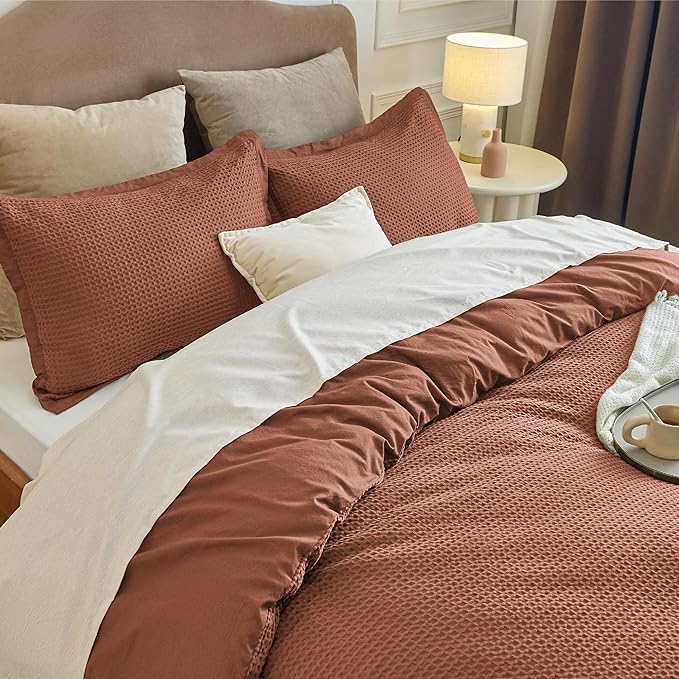 Bedsure Cotton Duvet Cover Queen - 100% Cotton Waffle Weave Burnt Orange Duvet Cover Queen Size, GentleSoft™ and Breathable Bedding Set for All Season, 3 Pieces, 90"x90"