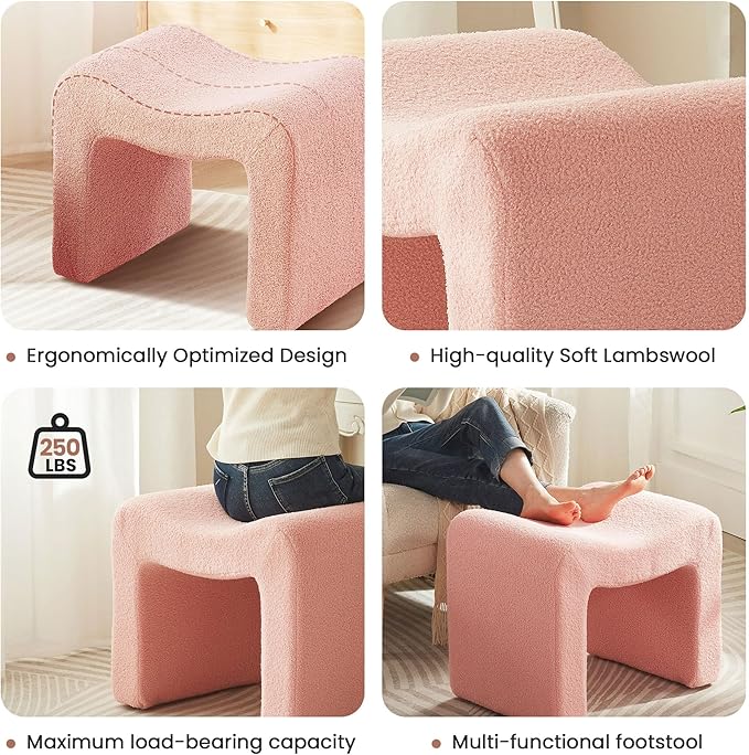 Vanity Stool Foot Rest Small Footstool Ottoman Chair Seating Backless Modern Teddy Velvet Ottoman for Makeup Room Living Room Bedroom Entryway,(Single 1) Pink