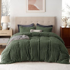 Bedsure Fluffy Duvet Cover Set - Ultra Soft Plush Shaggy Comforter Cover Queen Size, Warm Flannel Fleece Bed Sets for Winter, 3 Pieces (Striped Pattern, Green)