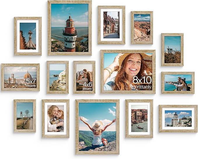 Vittanly 15 Pack Picture Frames Collage Wall Decor, Multi Sizes Including 3pcs 8x10, 6pcs 5x7 and 6pcs 4x6 Photo Frames, Gallery Frame Set for Wall or Tabletop Display, Light Wood