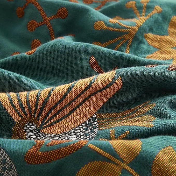 Boho Throw Blanket for Couch Sofa Bed, 100% Cotton Woven Quilt with Tassel 80”x90”, Super Soft Muslin Blanket with Bird Printed, Decorative Reversible Bed Blanket/Cover for All Seasons