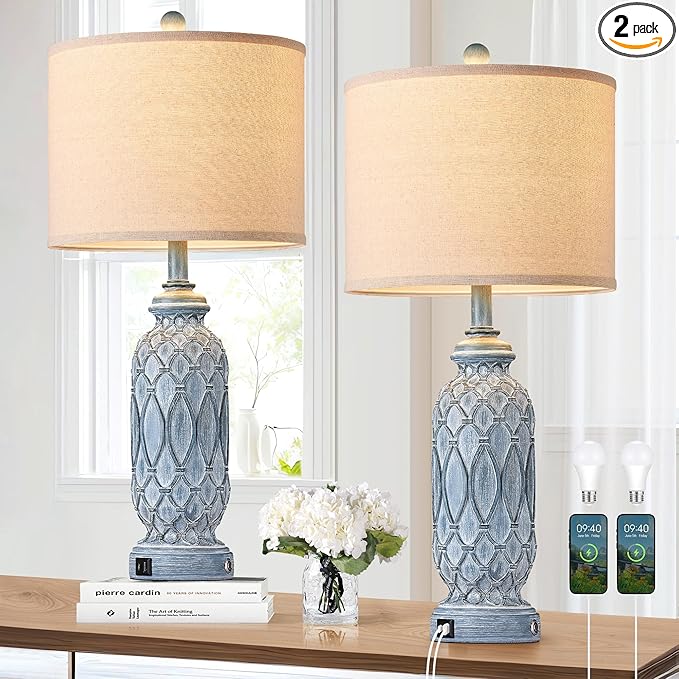Farmhouse Lamps for Bedroom Set of 2, 28" Rustic Lamps for Living Room with USB Ports, 3-Way Dimmable Nightstand Table Lamp (Bulbs Included)