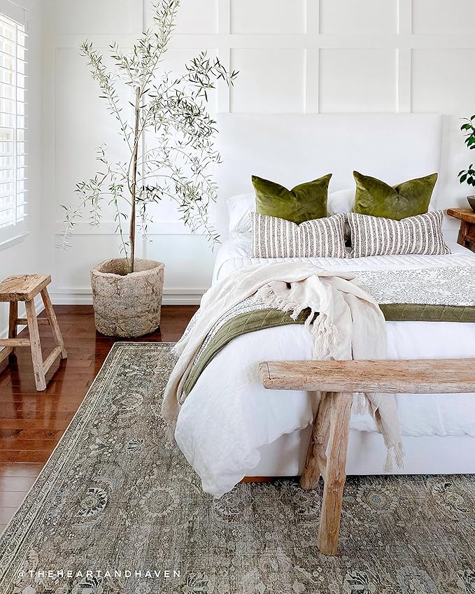 Loloi Layla Collection LAY-13 Antique/Moss 2'-6" x 12'-0" .13" Thick Runner Rug, Soft, Durable, Vintage Inspired, Distressed, Low Pile, Non-Shedding, Easy Clean, Printed, Living Room Rug