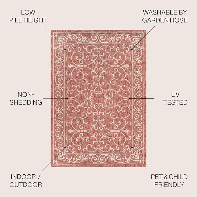 JONATHAN Y Vintage Filigree Indoor Outdoor Square Area Rug 5X5 Red/Beige, Charleston Textured Weave for Backyard, Patio, Porch, Easy-Cleaning, High Traffic, Pet-Friendly, Non-Shedding (SMB106B-5SQ)