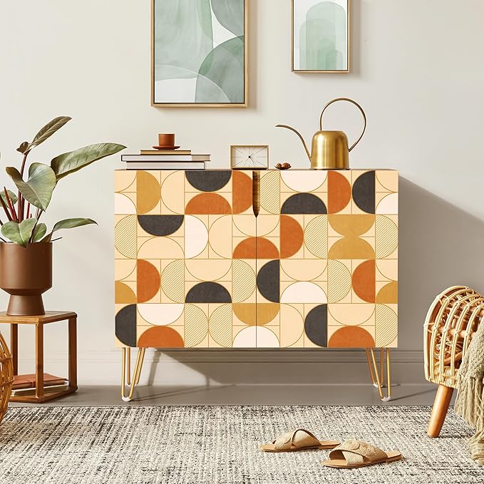 SIGNWIN Sideboard Buffet Cabinet, Kitchen Storage Cabinet with 2 Doors, Tan Brown Polygonstric, Cupboard Console Table for Dining Room - 35" L x 18" W x 29" H