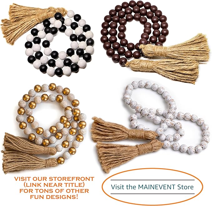 Farmhouse Wood Bead Garland Home Decor, Natural Wooden Garland for Tiered Tray, Decorative Tassel for Tier Tray, Rustic Beads Centerpiece Boho Table Decor, Beaded Accent White Washed