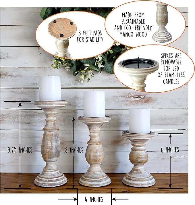 Candle Holders for Pillar Candles, Wooden Candleholders Table Centerpiece, Pillar Candle Holders Set of 3, Wood Rustic Farmhouse Fireplace White