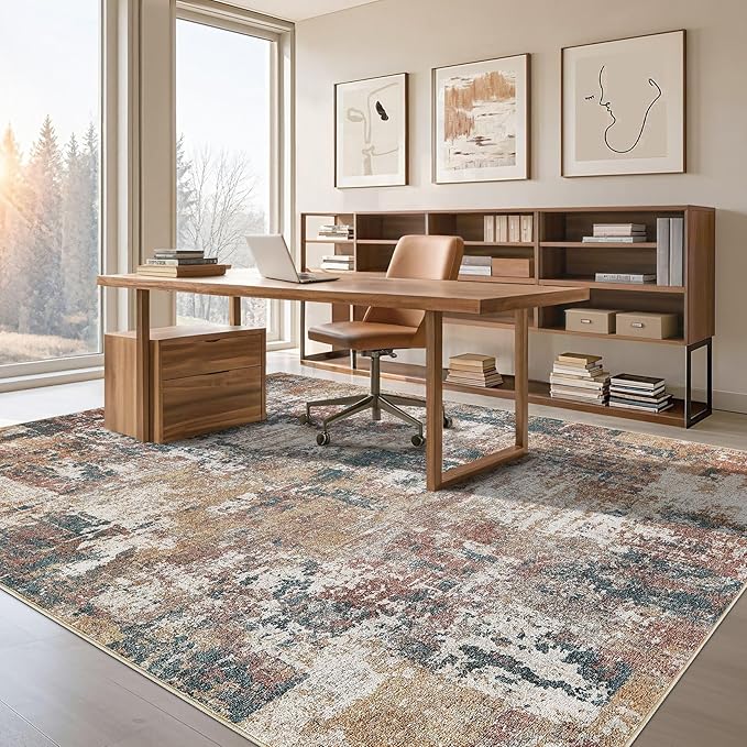 Tortania Washable 10x14 Area Rug for Living Room: Modern Abstract Neutral Large Soft Thin Rugs - Non Slip Indoor Carpet for Bedroom Dining Room Office Nursery Home Floor Decoration - Colorful Multi