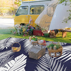 GENIMO Outdoor Rug 9' x 18' Waterproof for Patios Clearance, Reversible Outdoor Plastic Straw Camping Rug Carpet, Large Area Rugs Mats for RV, Camper, Deck, Balcony, Porch, Beach, Navy Blue&White