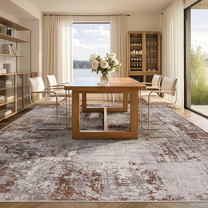 Tortania Washable 7x9 Area Rug for Living Room: Modern Abstract Neutral Large Soft Thin Rugs - Non Slip Indoor Carpet for Bedroom Dining Room Office Nursery Home Floor Decoration - Brown