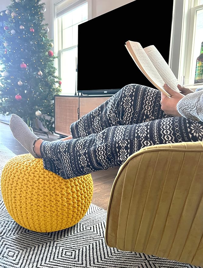 FRELISH DECOR Round Pouf Ottoman Hand Knitted 100% Cotton Pouf Foot Stool - Knitted Bean Bag - Floor Chair for Living Room Bedroom - Foot Rest for Couch (20 Diameter x 14 Height) - Yellow