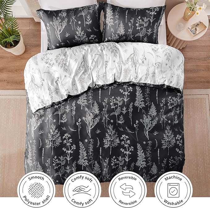 Love's cabin King Size Comforter Set Black - King Comforter Set, 3 Pieces Cute Floral Bedding Sets for All Seasons,1 Soft Reversible Botanical Flowers Comforter and 2 Pillow Shams