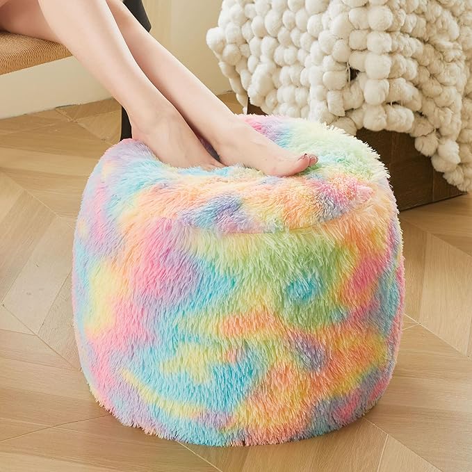 XeGe Fluffy Faux Fur Inflatable Pouf Ottoman, Soft Fuzzy Foot Stool, Plush Furry Foot Rest Floor Pouf Anti-Slip for Kids Girls Adult, Cute Foldable Ottoman Cushion Living Room Bedroom, Rainbow