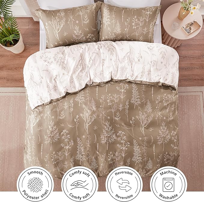Love's cabin Light Taupe Comforter Set Queen - Queen Size Comforter Set, 3 Pieces Cute Floral Bedding Sets for All Seasons,1 Soft Reversible Botanical Flowers Comforter and 2 Pillow Shams