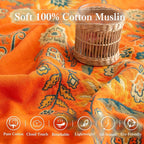 Boho Throw Blanket Twin Size, Soft Cozy Cotton Muslin Quilt Blanket for Bed Decor, Floral Patterned Couch Sofa Chair Cover, Vintage Farmhouse Cottage Tapestry Woven Blanket, Orange&Green