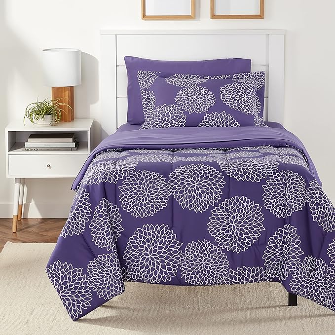 Amazon Basics Twin/Twin XL Comforter Set with Sheets, 5-Piece Purple Floral Bedding, Lightweight Microfiber Bed-in-a-Bag