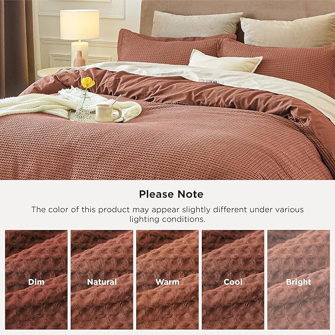 Bedsure Cotton Duvet Cover Queen - 100% Cotton Waffle Weave Burnt Orange Duvet Cover Queen Size, GentleSoft™ and Breathable Bedding Set for All Season, 3 Pieces, 90"x90"