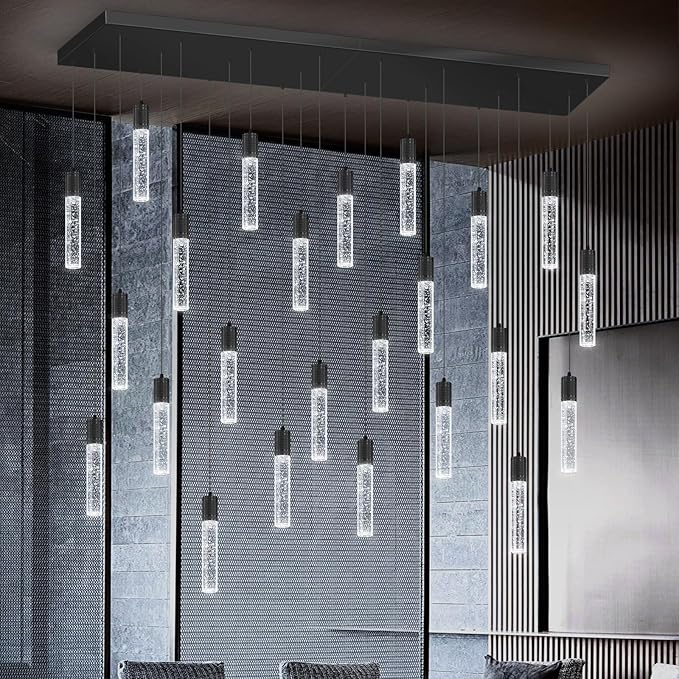24-Lights Modern Crystal Chandeliers LED Pendant Light for Kitchen Island Dining Room Entrance Foyer Living Room 6000K Black