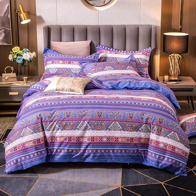 ABREEZE Bohemian Vintage Full Size Floral Cotton Bedding Set 3Pcs Duvet Cover Set Boho Purple Paisley 100% Egyptian Brushed Cotton Reversible Home Bedding Collection