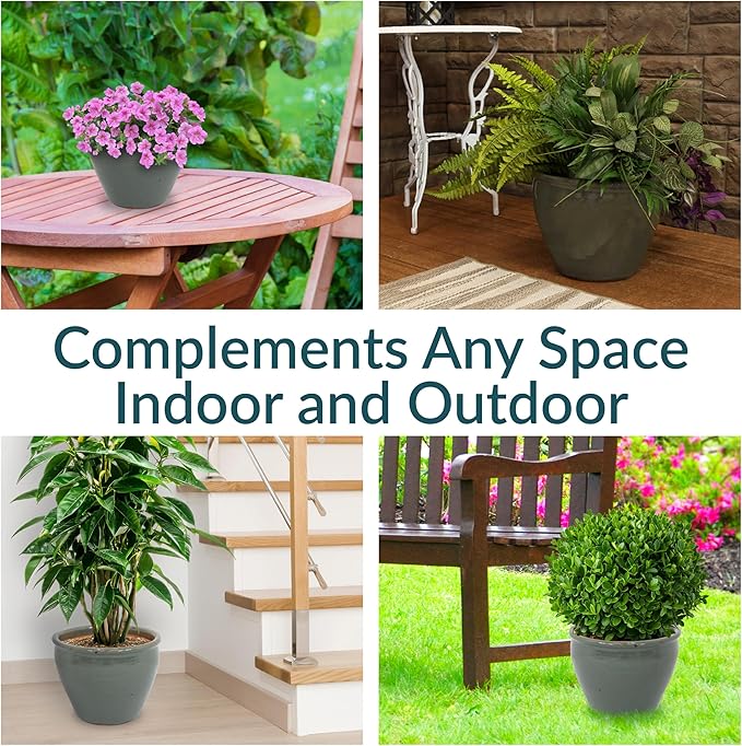 Sunnydaze Chalet Large Ceramic Plant Pot - Round Outdoor Glazed Ceramic Planter Pot with Drainage - Gray - 14.5"