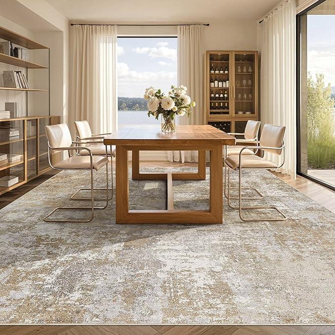 Tortania Washable 10x12 Area Rug for Living Room: Modern Abstract Neutral Large Soft Thin Rugs - Non Slip Indoor Carpet for Bedroom Dining Room Office Nursery Home Floor Decoration - Brown Grey
