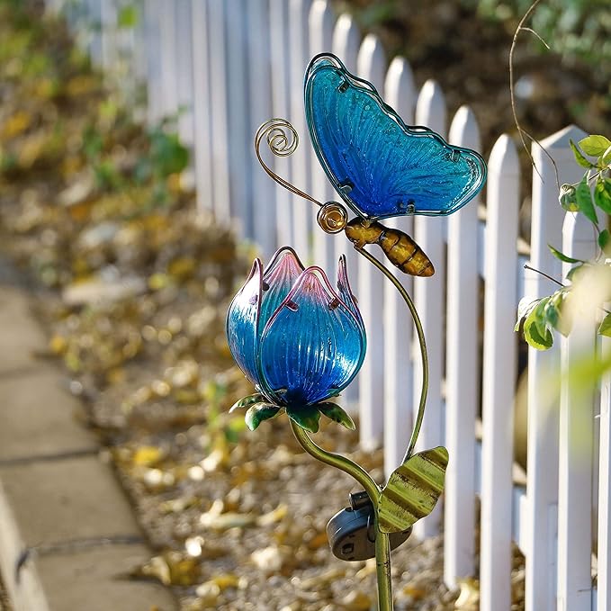 TERESA'S Collections Flower Yard Decorations Outdoor, 42'' Blue Glass Butterfly Solar Outdoor Lights Garden Decor for Outside, Metal Yard Art Garden Stake Decorative for Patio Decor,Gifts for Mom