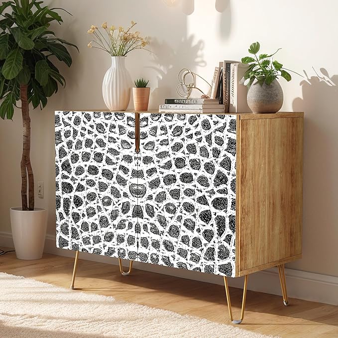 SIGNWIN Sideboard Buffet Cabinet, Kitchen Storage Cabinet with 2 Doors, Black & White Polygon Patterns, Cupboard Console Table for Dining Room - 35" L x 18" W x 29" H