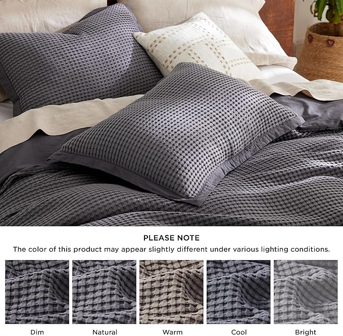Bedsure Cooling Waffle Duvet Cover Queen - Cotton Blend Rayon Derived from Bamboo Duvet Cover Set for Hot Sleepers, Breathable Bedding Set with a Vintage Charm, 3 Pieces (Charcoal, Queen, 90"x90")