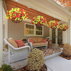 Artificial Fall Flowers Fake Hanging Plants Flowers Basket for Outdoors Autumn Decoration, Silk Morning Glory with Eucalyptus Look Real UV Resistant Faux Flowers for Outside Porch Patio Balcony, Mix