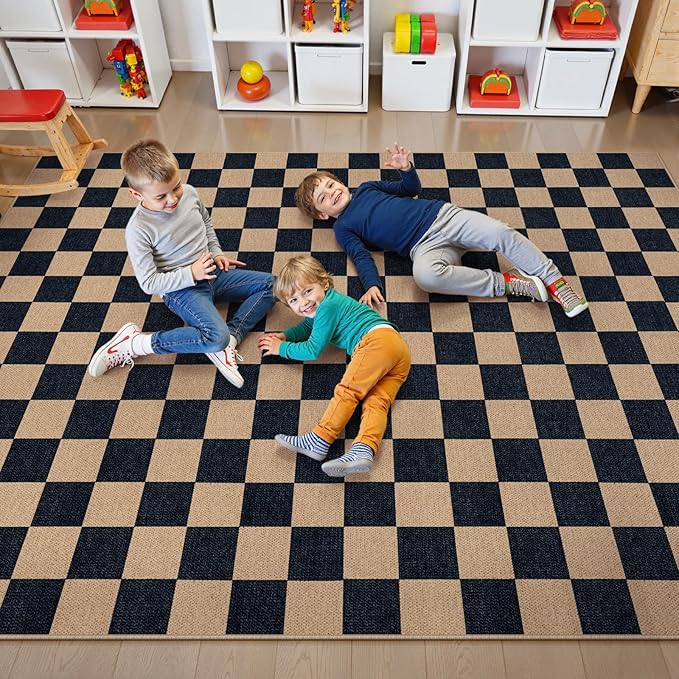 Lahome Checkered Easy Jute Carpet, Washable Area Rug 6x9 Neutral Outdoor Patio Rug, Farmhouse Checkerboard Non Slip Non Shedding Floor Carpet for Dining Living Room Deck Sunroom