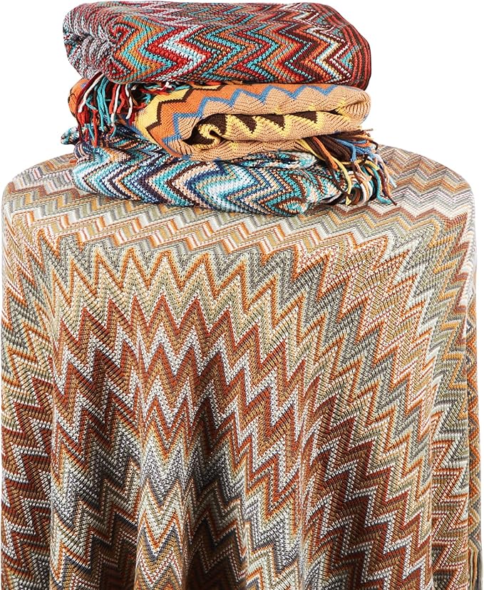 Boho Throw Blanket - Bohemian Fringe Tassels， for Bed Couch Soft ChairBlanket Double Sided (50"x70") (Khaki)