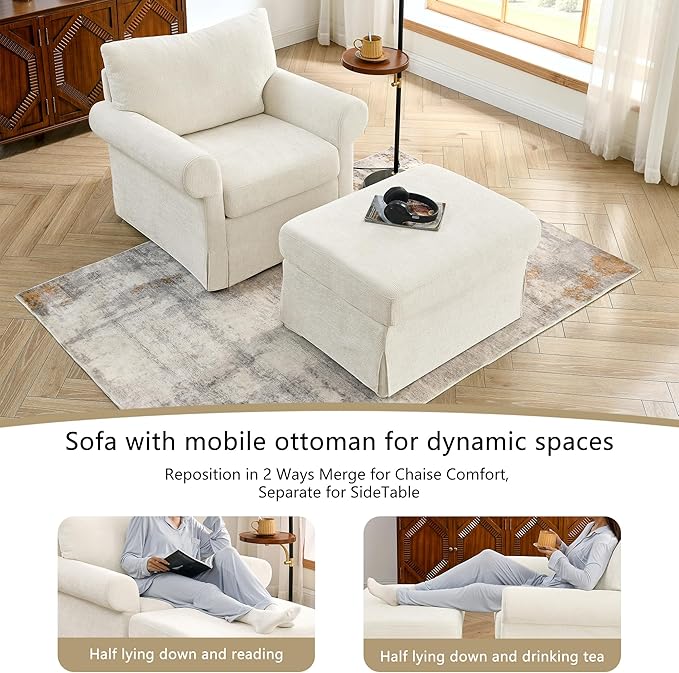 35.82” Accent Chair with Ottoman Upholstered Living Room Chairs for Reading Chair with Chaise Lounge Chairs Indoor, Comfortable Armchair for Bedroom (Beige, 35.82")