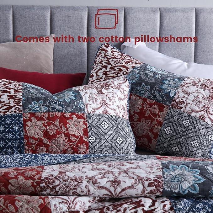 Secgo Twin Comforter Set for Bed - 100% Cotton Quilts Twin Size, Black Bedspreads with 2 Pillow Shams, Patchwork Reversible Lightweight Bedding